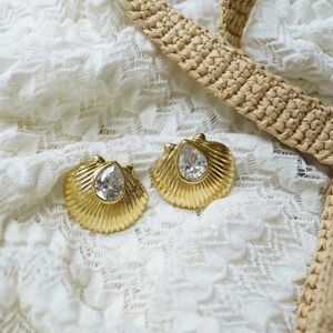 Nicola Bathie Gold Shell Studs with Clear Teardrop Crystal